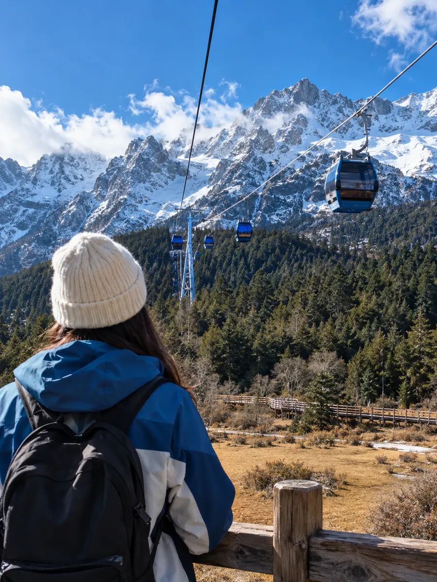 Aussicht am Jade-Drachen-Schneeberg: Seilbahnen und Fichtenwiese